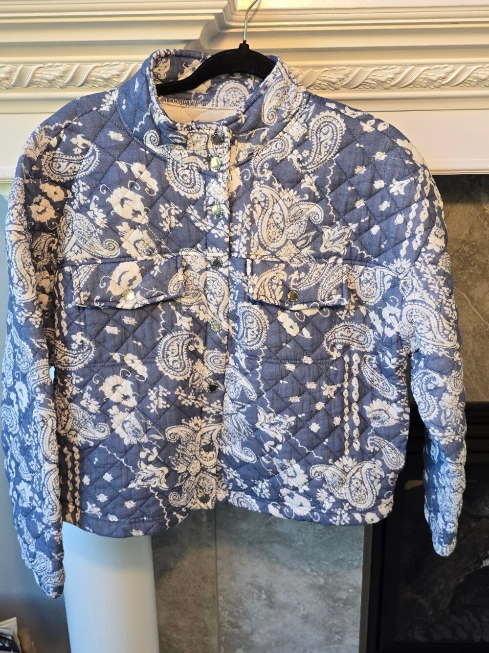 Mexx Blue Paisley Quilted Jacket Patterned Bomber Snap Button Soft Boho Size L